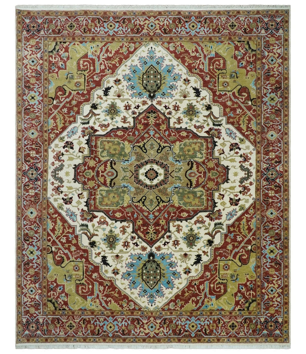 8x10 Olive, Rust and Ivory Heriz Serapi Traditional Vintage Antique Hand Knotted Wool Area Rug | TRDCP1363810
