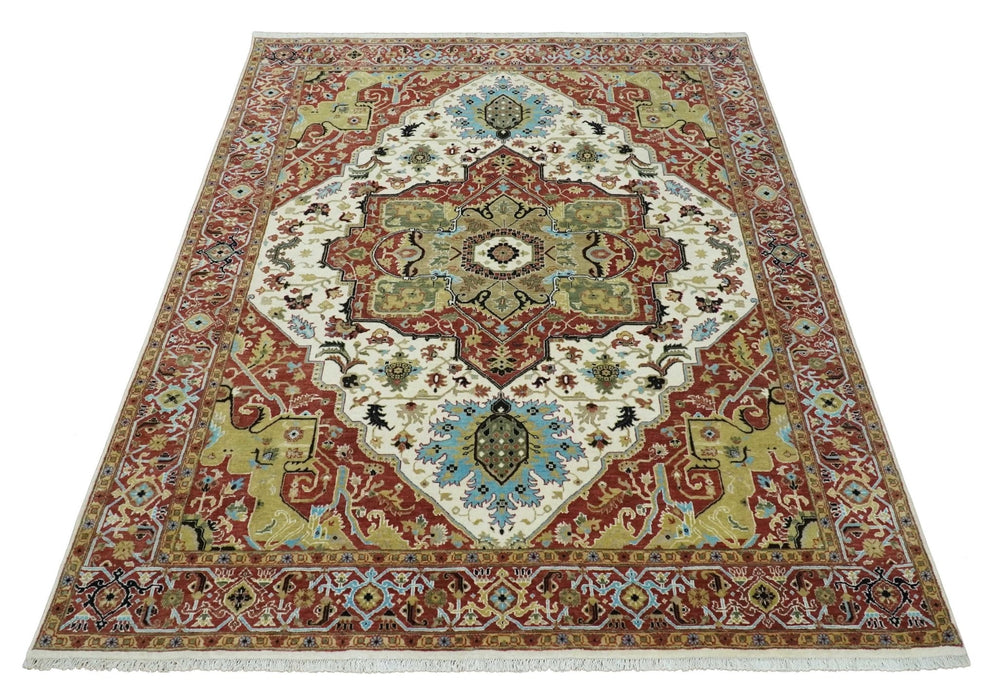 8x10 Olive, Rust and Ivory Heriz Serapi Traditional Vintage Antique Hand Knotted Wool Area Rug | TRDCP1363810