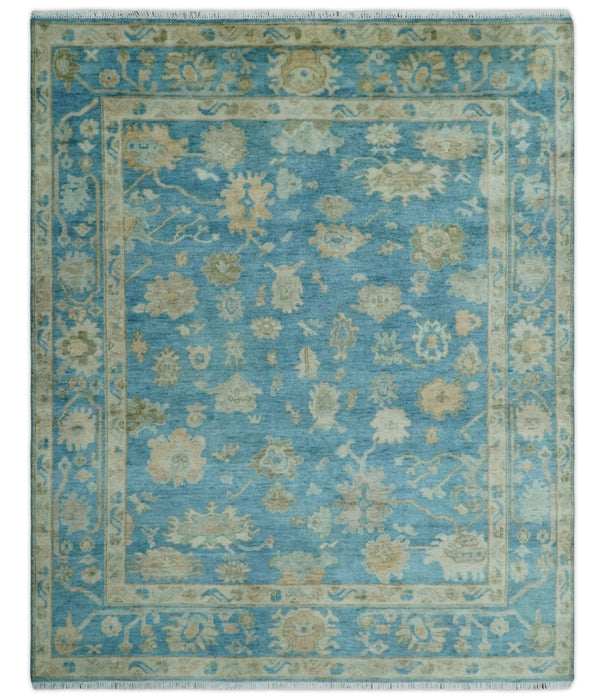8x10 Oushak Hand Knotted Blue and Beige Traditional Wool Rug