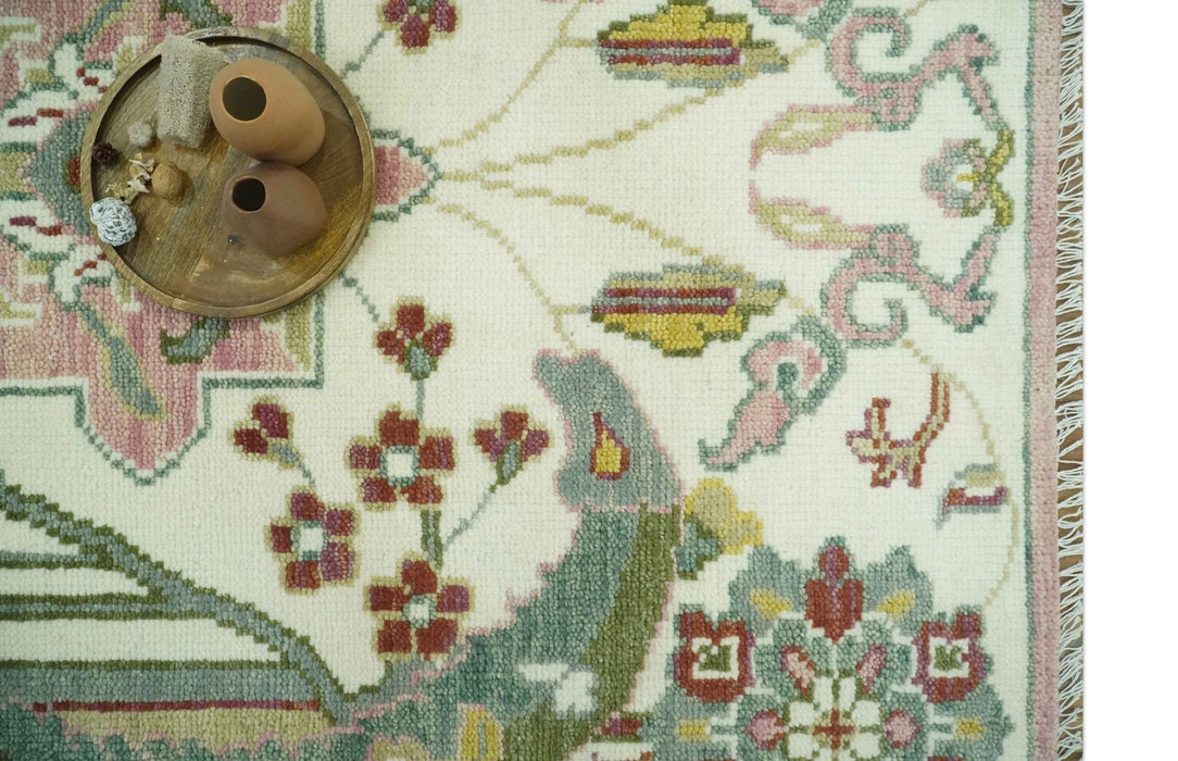 8x10 Peacock Garden Ivory and Green Bird Hand Knotted Wool Area Rug