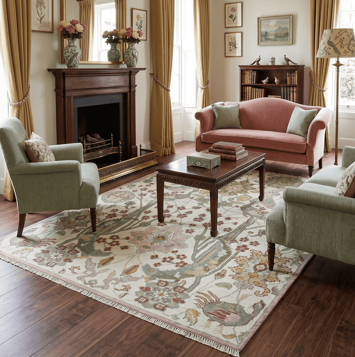 8x10 Peacock Garden Ivory and Green Bird Hand Knotted Wool Area Rug