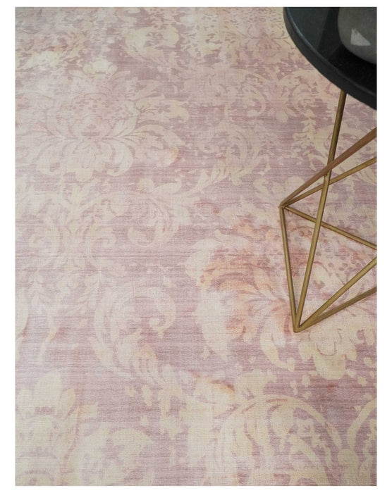 8x10 Pink and Beige Hand Loomed Damask Design Bamboo Silk Area Rug