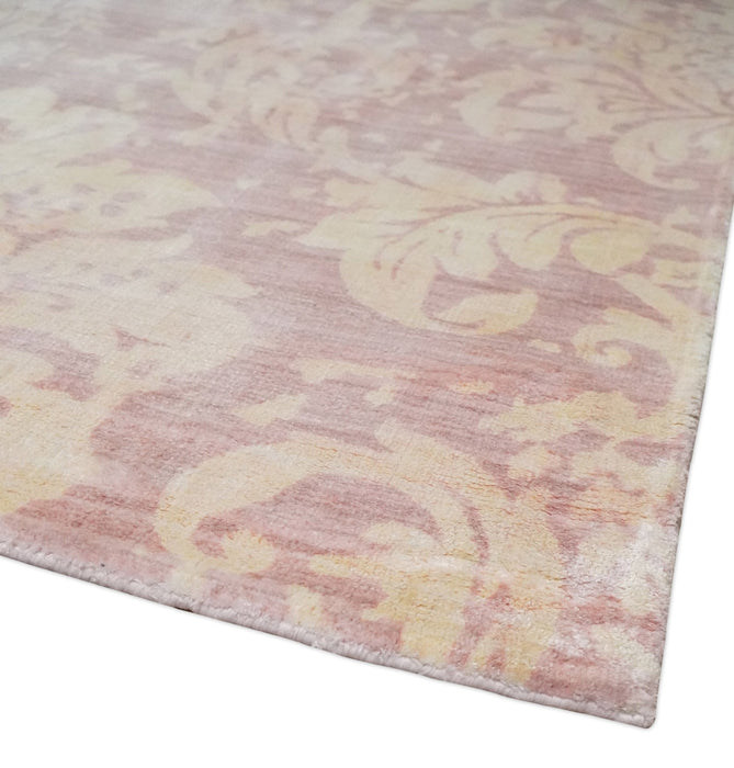 8x10 Pink and Beige Hand Loomed Damask Design Bamboo Silk Area Rug
