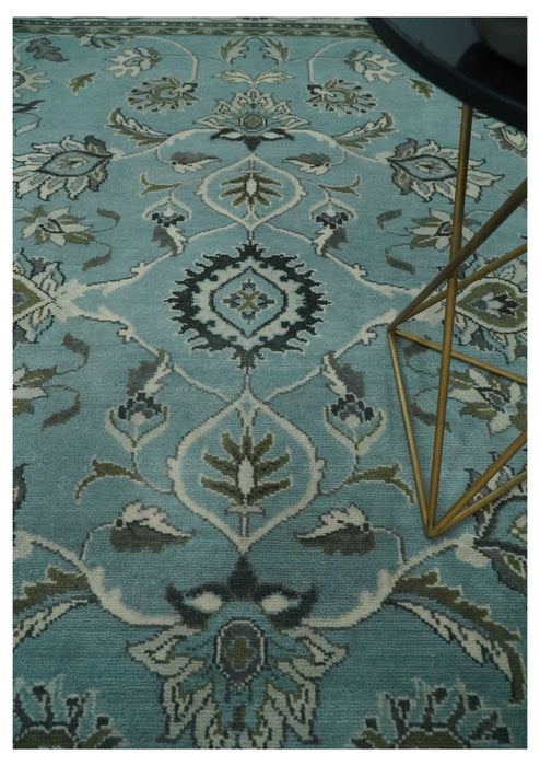 8x10 Premium Blue, Ivory and Green Traditional Floral Hand knotted wool Area Rug