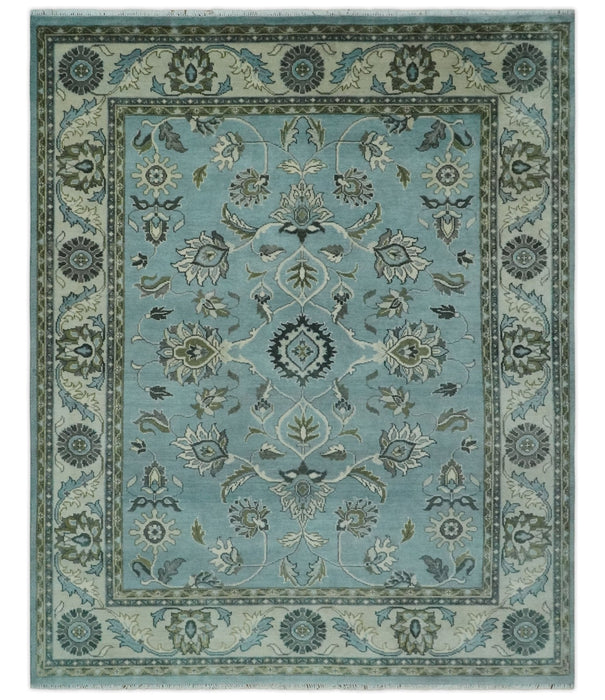 8x10 Premium Blue, Ivory and Green Traditional Floral Hand knotted wool Area Rug
