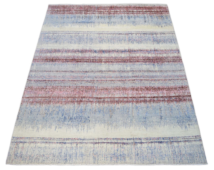 Rust, Blue and Beige 8x10 Rug Modern Hand made Hand-spun wool and Handspun Bamboo Silk  Area  Rug| The Rug Decor | TRD2095810