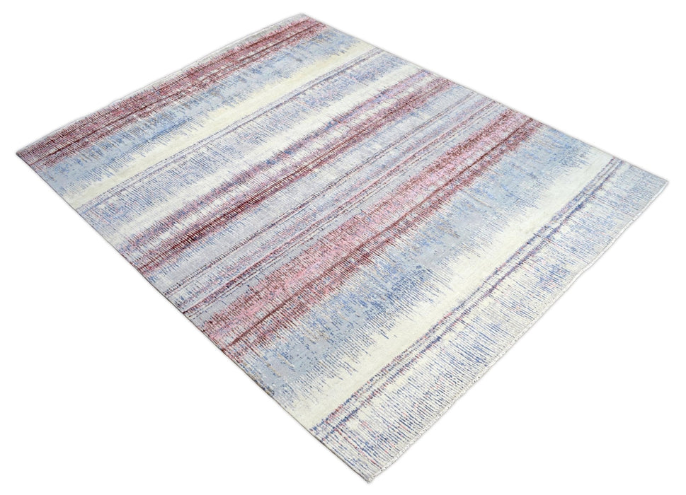 Modern Abstract Rust And Blue Hand Knotted Bamboo Silk 8x10 Area Rug