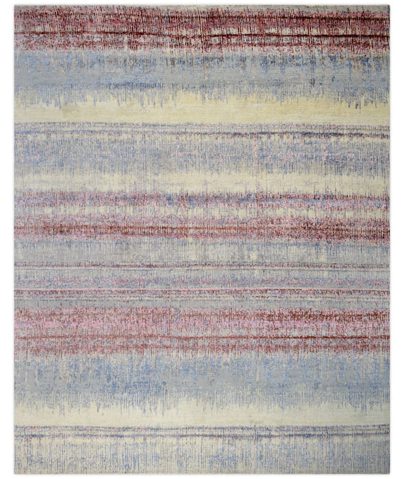 Rust, Blue and Beige 8x10 Rug Modern Hand made Hand-spun wool and Handspun Bamboo Silk  Area  Rug| The Rug Decor | TRD2095810