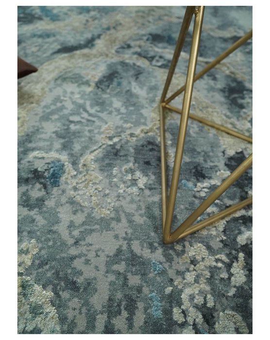 Modern Abstract Blue and Beige Hand Knotted 8x10 Bamboo Silk Rug