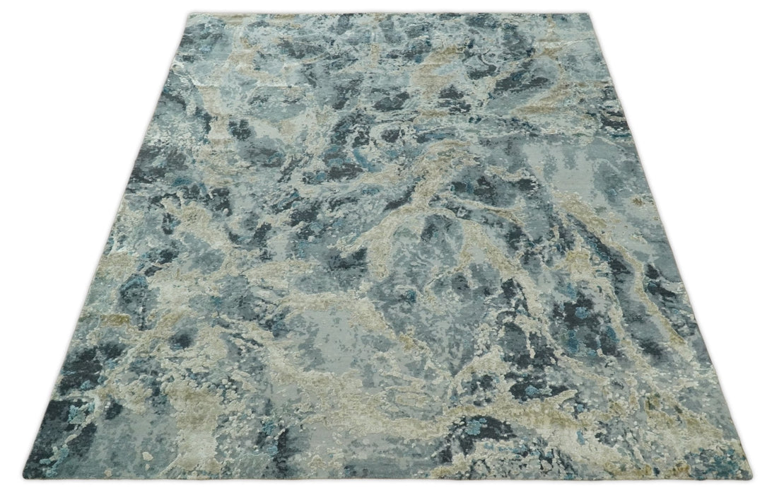 8x10 Rug | One of a Kind Blue and Silver Bamboo Silk Hand Made Modern Abstract Area Rug | SK29