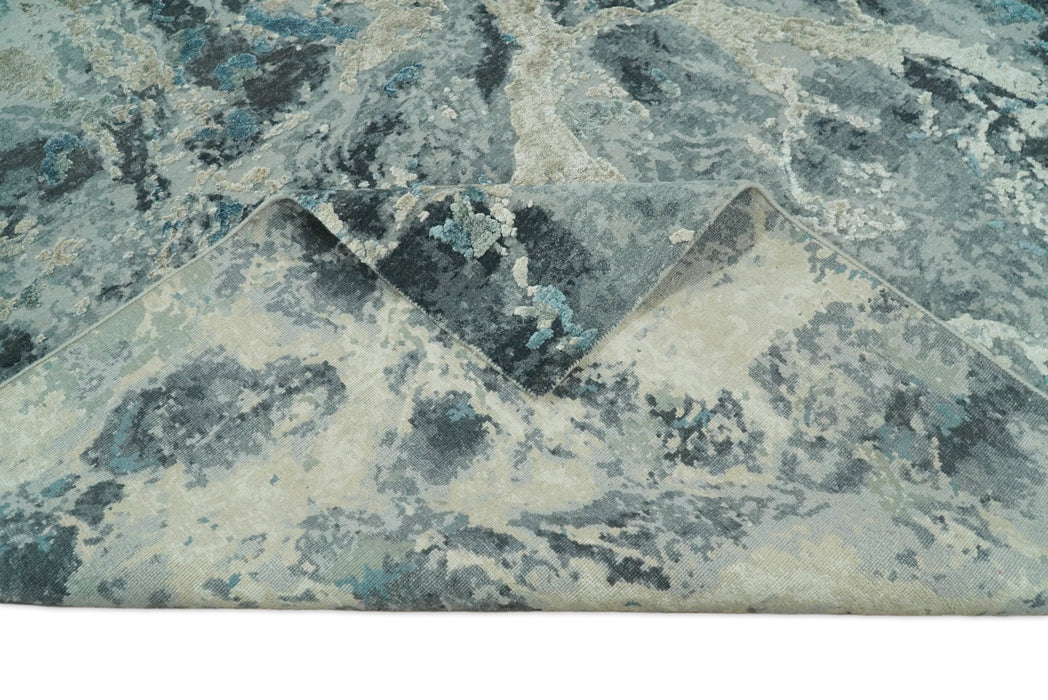 8x10 Rug | One of a Kind Blue and Silver Bamboo Silk Hand Made Modern Abstract Area Rug | SK29