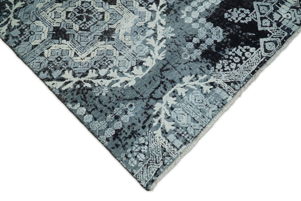 Blue and Silver 8x10 Rug Traditional Handmade Wool and Bamboo Silk Area Rug | TRD1786810