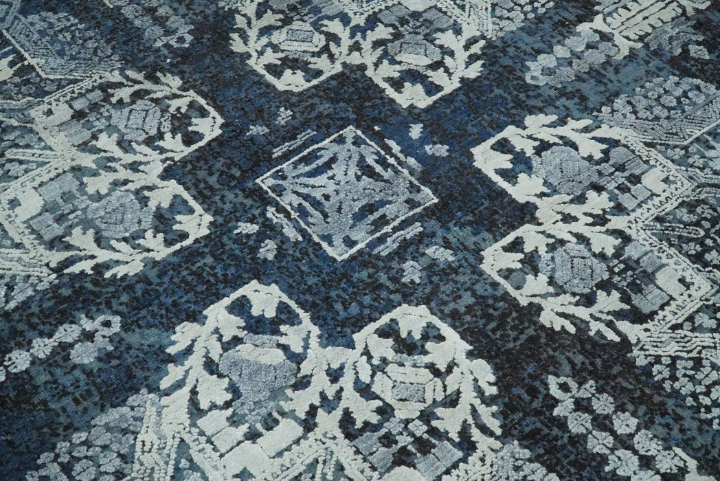 Blue and Silver 8x10 Rug Traditional Handmade Wool and Bamboo Silk Area Rug | TRD1786810