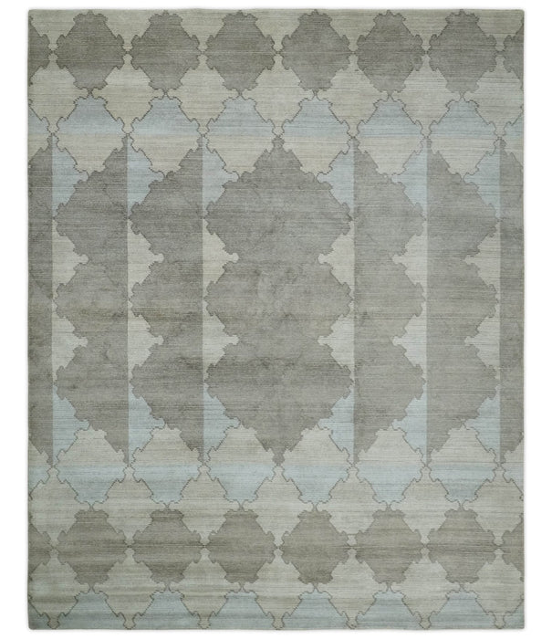 8x10 Silver and Gray Ikat design Handmade Art Silk Area Rug