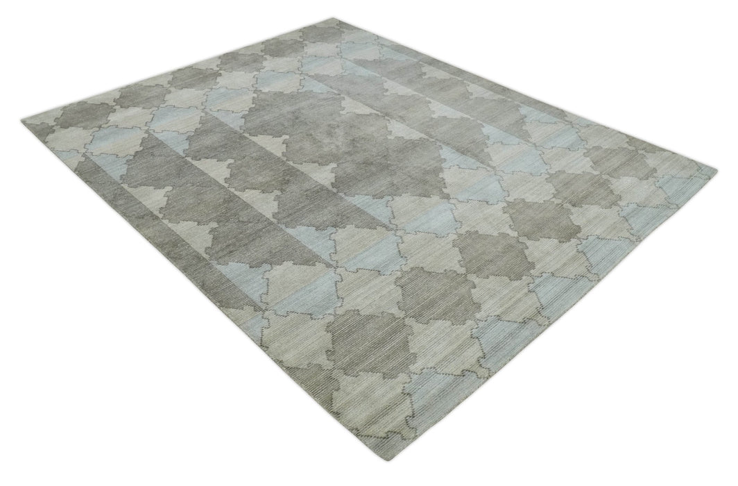 8x10 Silver and Gray Ikat design Handmade Art Silk Area Rug