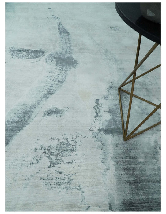 8x10 Silver, Ivory and Charcoal Modern Abstract Hand Loomed Art Silk Area Rug