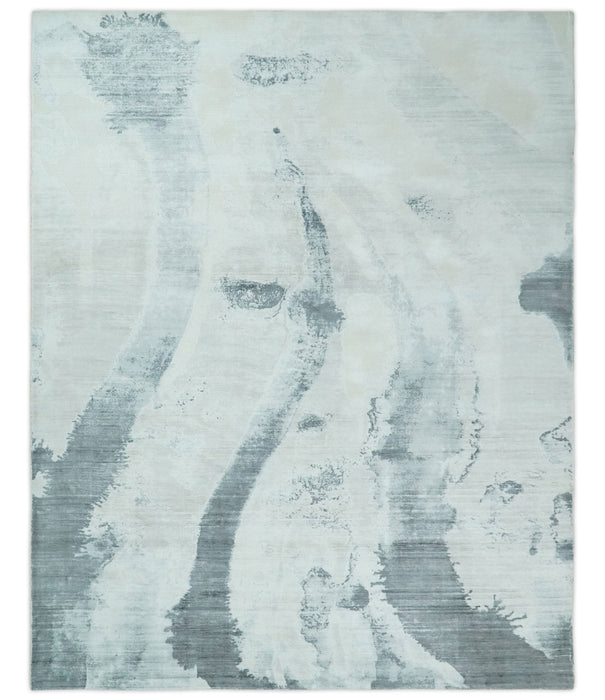8x10 Silver, Ivory and Charcoal Modern Abstract Hand Loomed Art Silk Area Rug