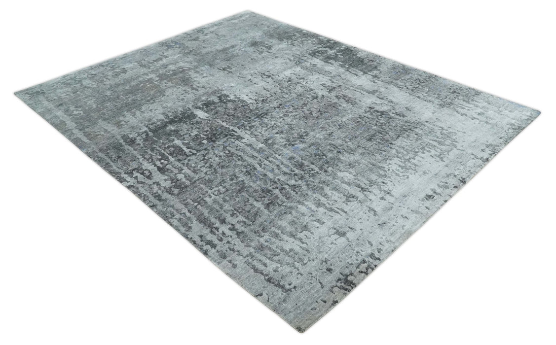 8x10 Silver, Ivory and Charcoal Modern Abstract Handmade Bamboo Silk Area Rug