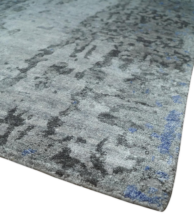 8x10 Silver, Ivory and Charcoal Modern Abstract Handmade Bamboo Silk Area Rug