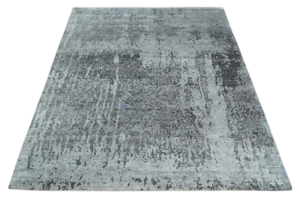 8x10 Silver, Ivory and Charcoal Modern Abstract Handmade Bamboo Silk Area Rug