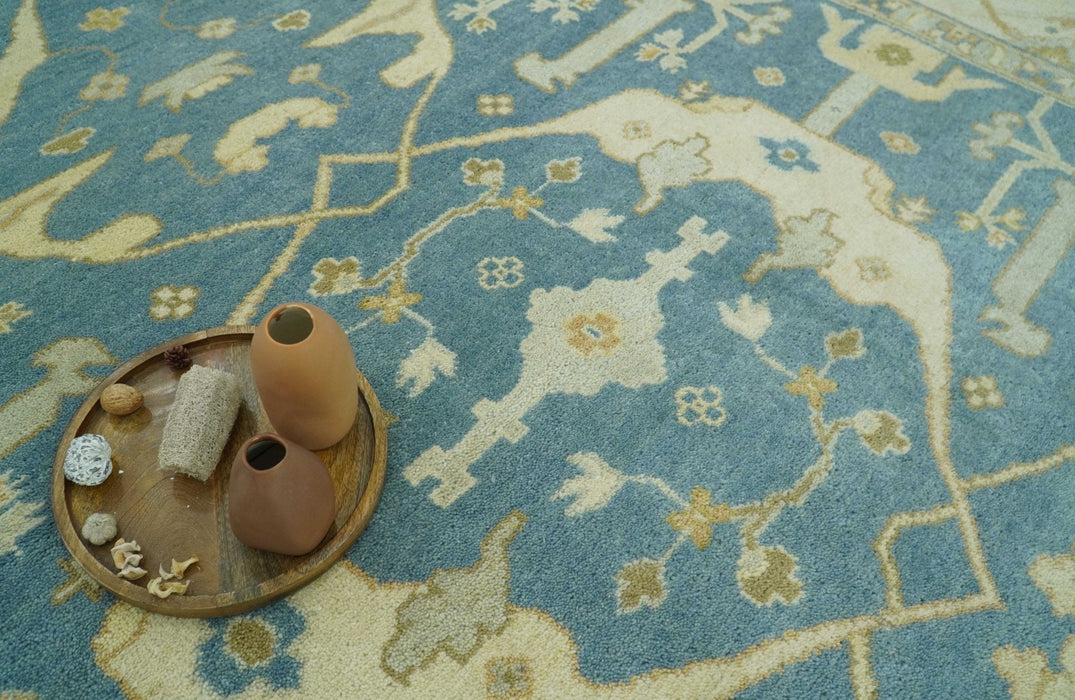 8x10 Teal, Olive and Beige Hand Knotted Traditional Oriental Oushak wool area rug