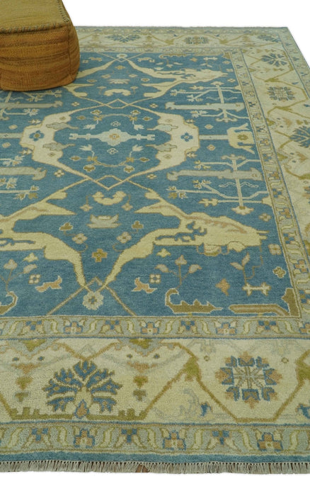 8x10 Teal, Olive and Beige Hand Knotted Traditional Oriental Oushak wool area rug