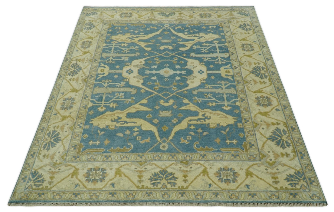 8x10 Teal, Olive and Beige Hand Knotted Traditional Oriental Oushak wool area rug