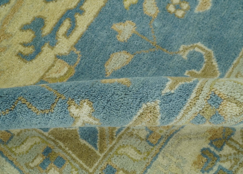 8x10 Teal, Olive and Beige Hand Knotted Traditional Oriental Oushak wool area rug