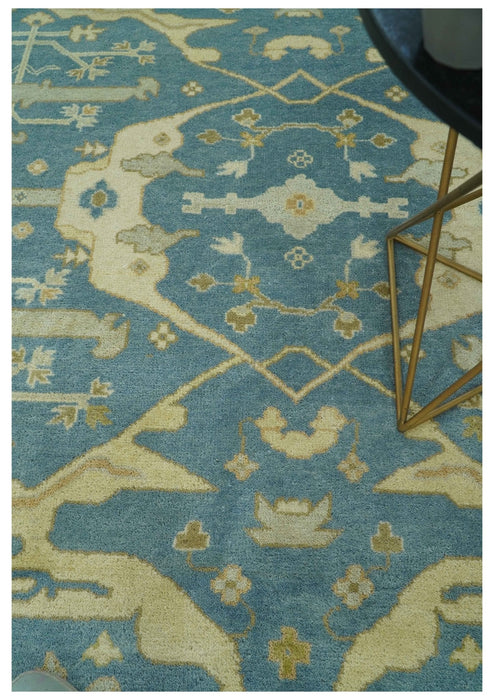 8x10 Teal, Olive and Beige Hand Knotted Traditional Oriental Oushak wool area rug