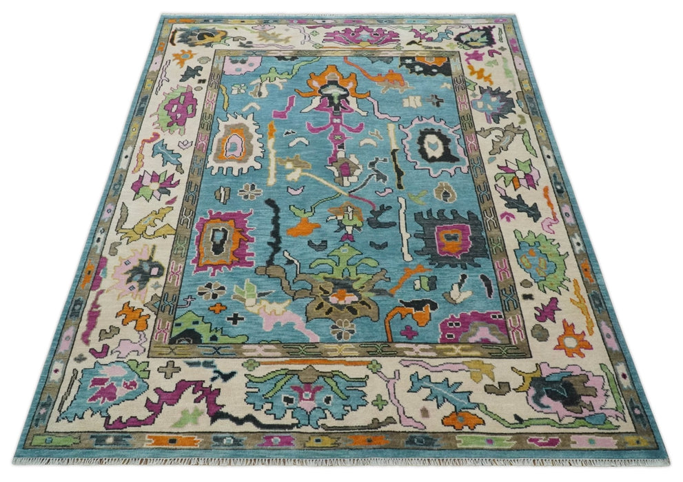 8x10 Traditional Blue and Ivory Vibrant colorful Hand knotted oushak wool area rug