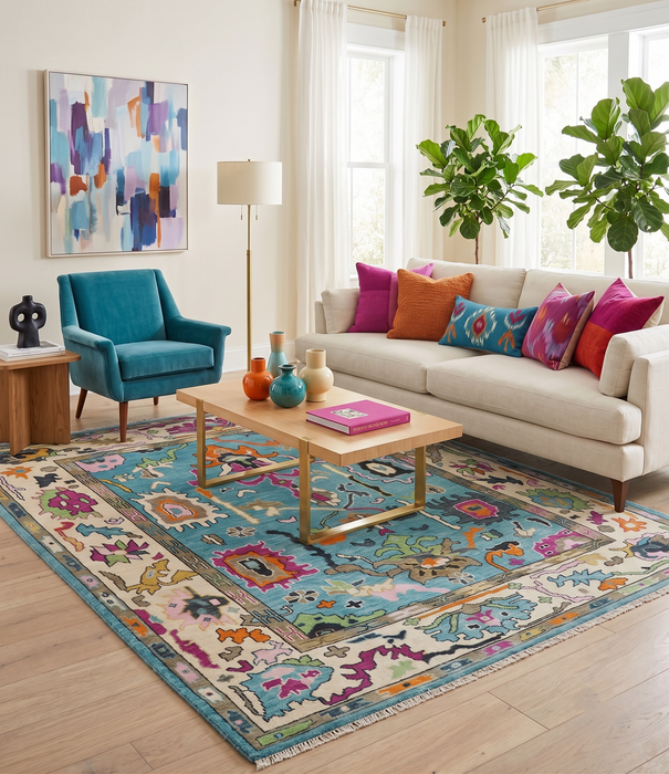8x10 Traditional Blue and Ivory Vibrant colorful Hand knotted oushak wool area rug