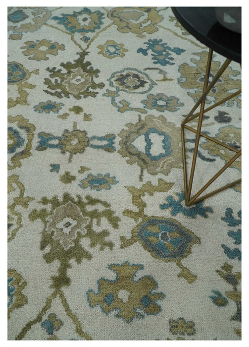 8x10 Traditional Ivory and Charcoal Hand knotted Oushak Wool Area Rug