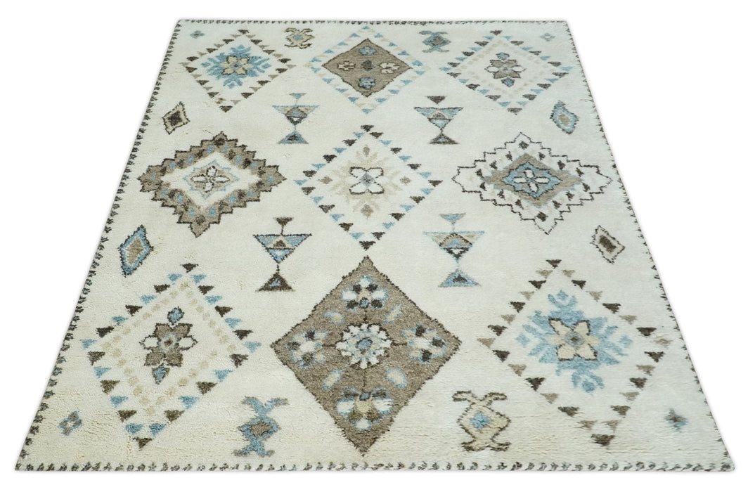 8x10 Tribal Design Ivory, Brown and Blue Traditional Hand Knotted Wool Area Rug
