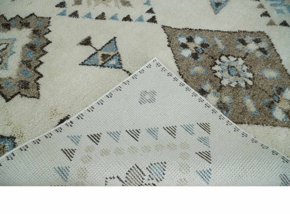 8x10 Tribal Design Ivory, Brown and Blue Traditional Hand Knotted Wool Area Rug