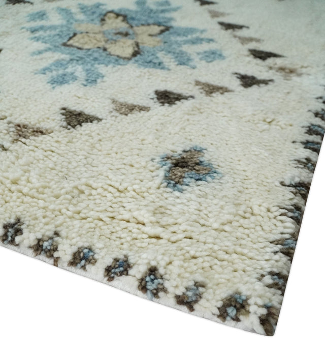 8x10 Tribal Design Ivory, Brown and Blue Traditional Hand Knotted Wool Area Rug
