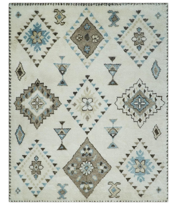 8x10 Tribal Design Ivory, Brown and Blue Traditional Hand Knotted Wool Area Rug