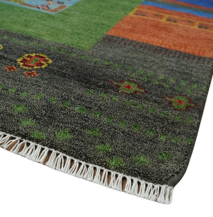8x10 Tribal Gabbeh Green, Rust, Blue and Gold Hand knotted  Traditional Wool Area Rug