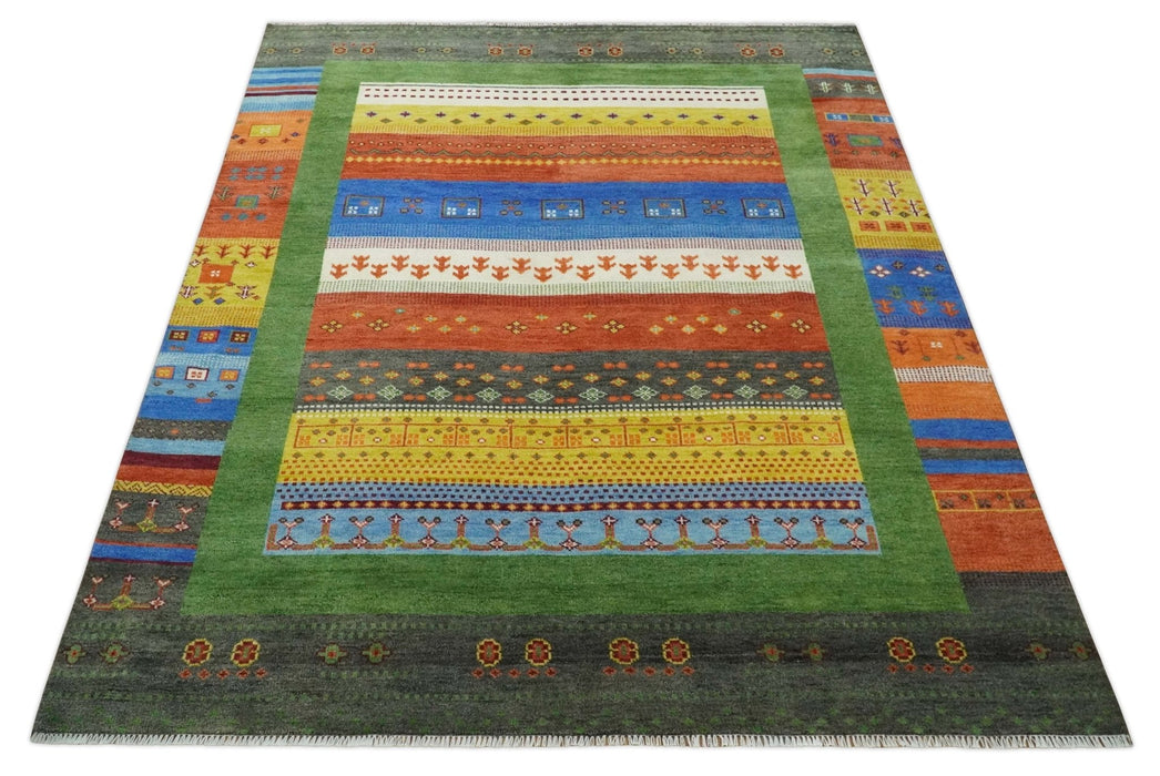 8x10 Tribal Gabbeh Green, Rust, Blue and Gold Hand knotted  Traditional Wool Area Rug