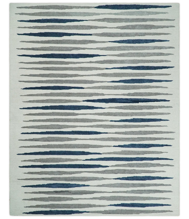 8x10 White, Blue and Camel Hand Tufted Modern Scandinavian Stripe Wool Area Rug | YUK3