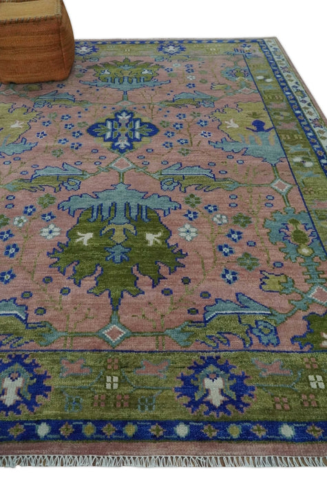 8x10 Wool Traditional Peach, Green and Blue Hand knotted Oushak Area Rug