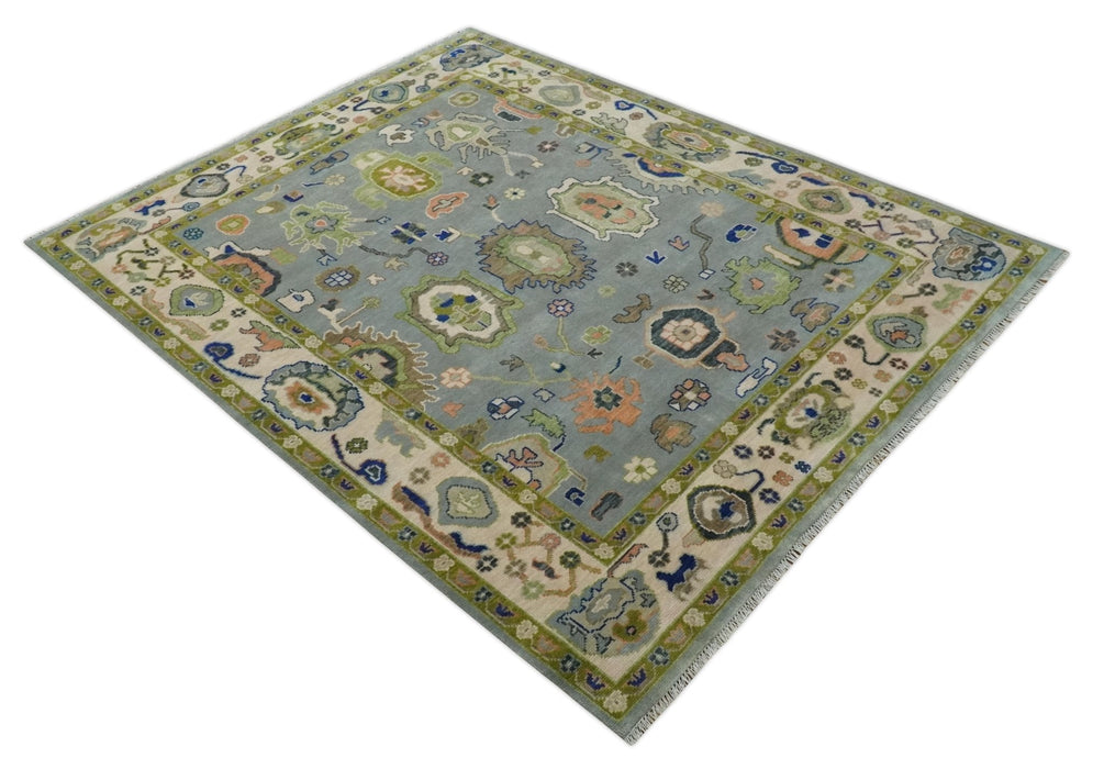 8x10 wool Vibrant Colorful Silver, Green and Light Peach Hand knotted Oushak Area Rug