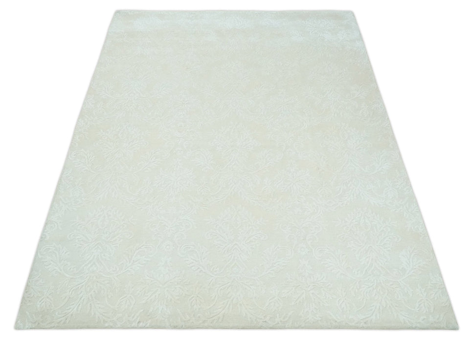 8x11 Beige and Silver Hand Woven and Carved Modern Art Silk Area Rug