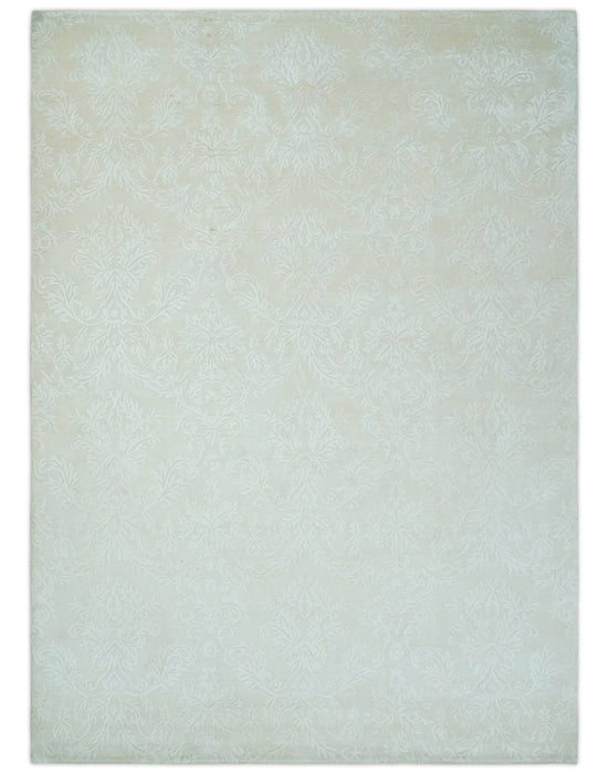 8x11 Beige and Silver Hand Woven and Carved Modern Art Silk Area Rug