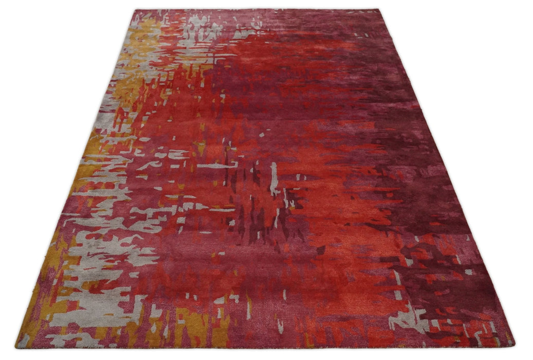 8x11 Red, Rust and Silver Modern Abstract Handmade Wool and Art Silk Area Rug | BAN1