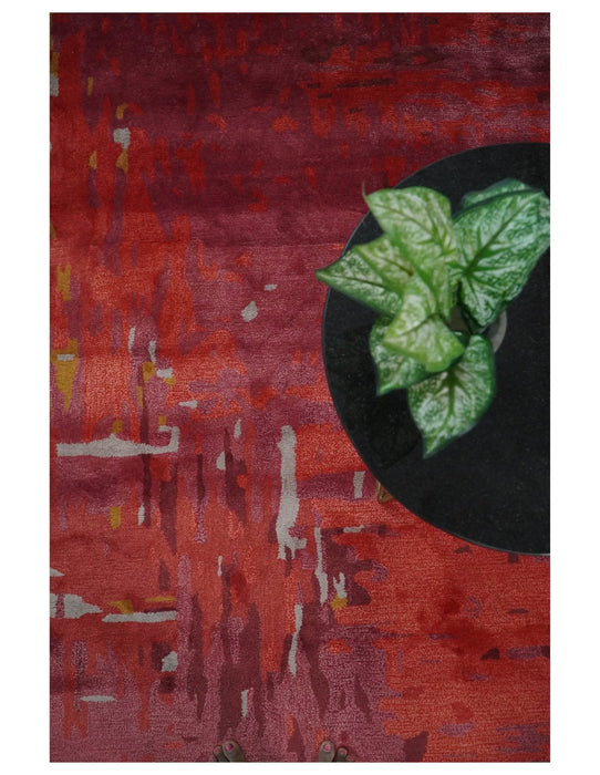 8x11 Red, Rust and Silver Modern Abstract Handmade Wool and Art Silk Area Rug | BAN1