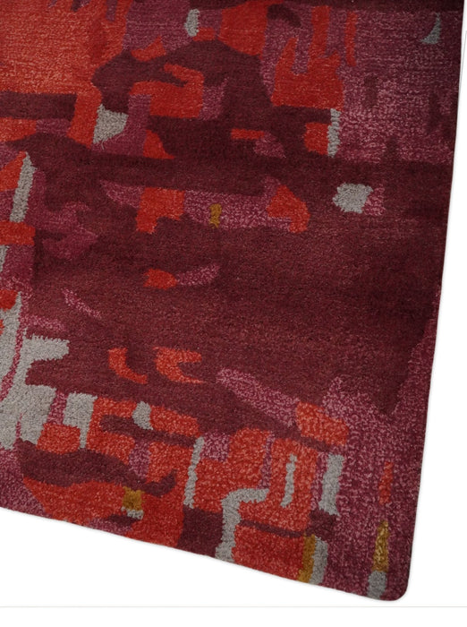 8x11 Red, Rust and Silver Modern Abstract Handmade Wool and Art Silk Area Rug | BAN1