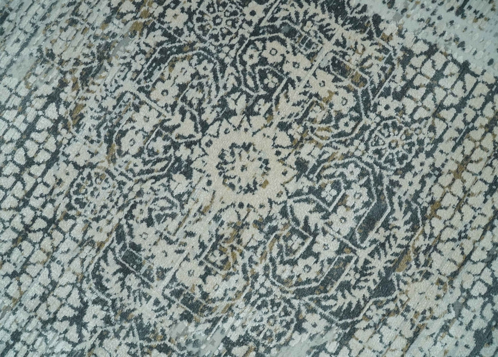 8x8 Round Beige, Gray and Charcoal Antique Finish, Vintage look, Art Silk Area Rug, Living Room Rug | TRDMM8