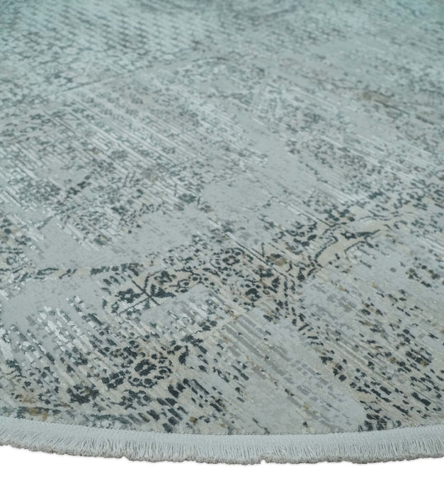 8x8 Round Beige, Gray and Charcoal Antique Finish, Vintage look, Art Silk Area Rug, Living Room Rug | TRDMM8