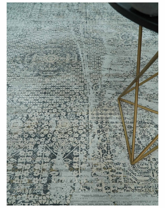 8x8 Round Beige, Gray and Charcoal Antique Finish, Vintage look, Art Silk Area Rug, Living Room Rug | TRDMM8