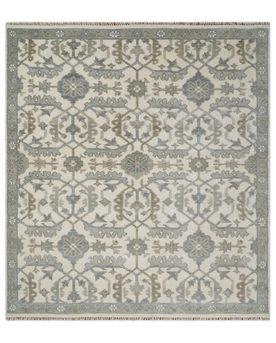 8x9 Hand Knotted Ivory and Silver Oriental Oushak Traditional Wool Area Rug
